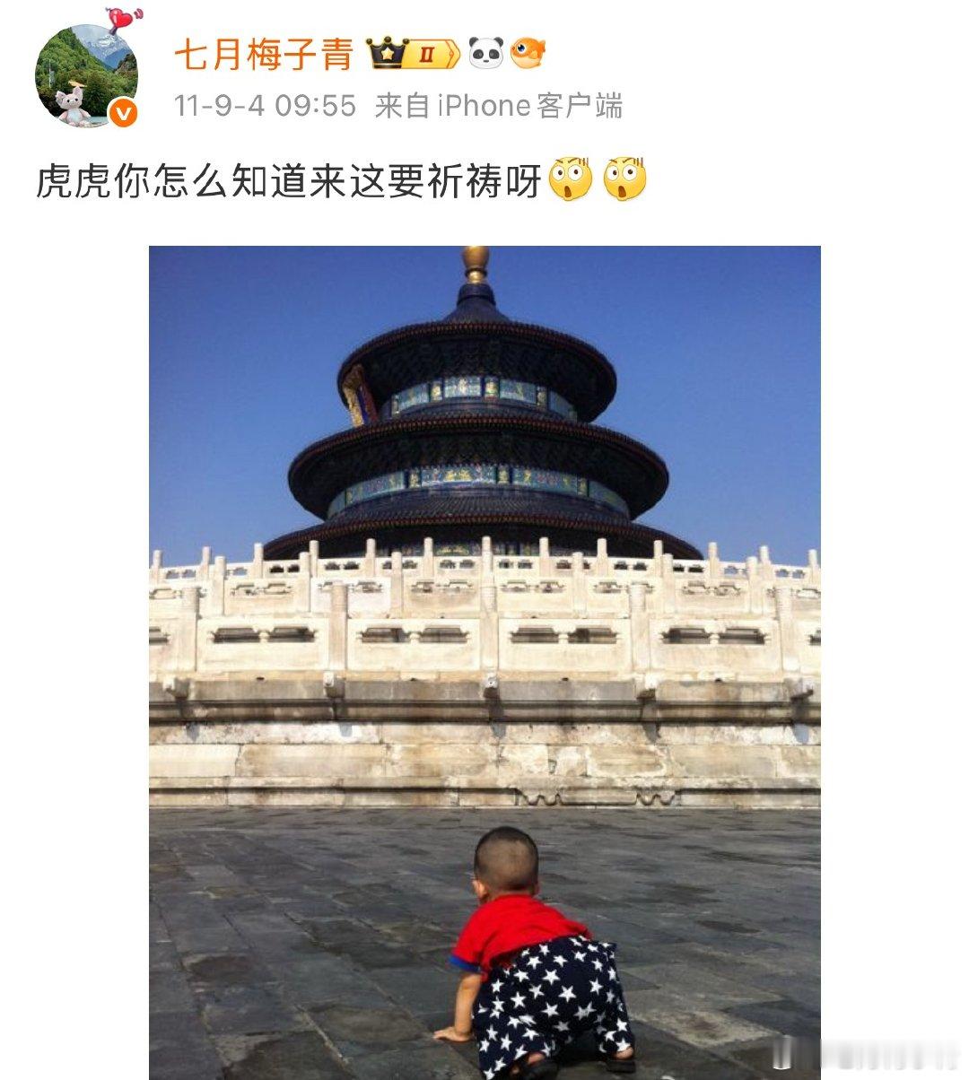 天坛是一个有神迹的地方。第一次带娃去他才一岁，到祈年殿前的时候，他自己从手推车上