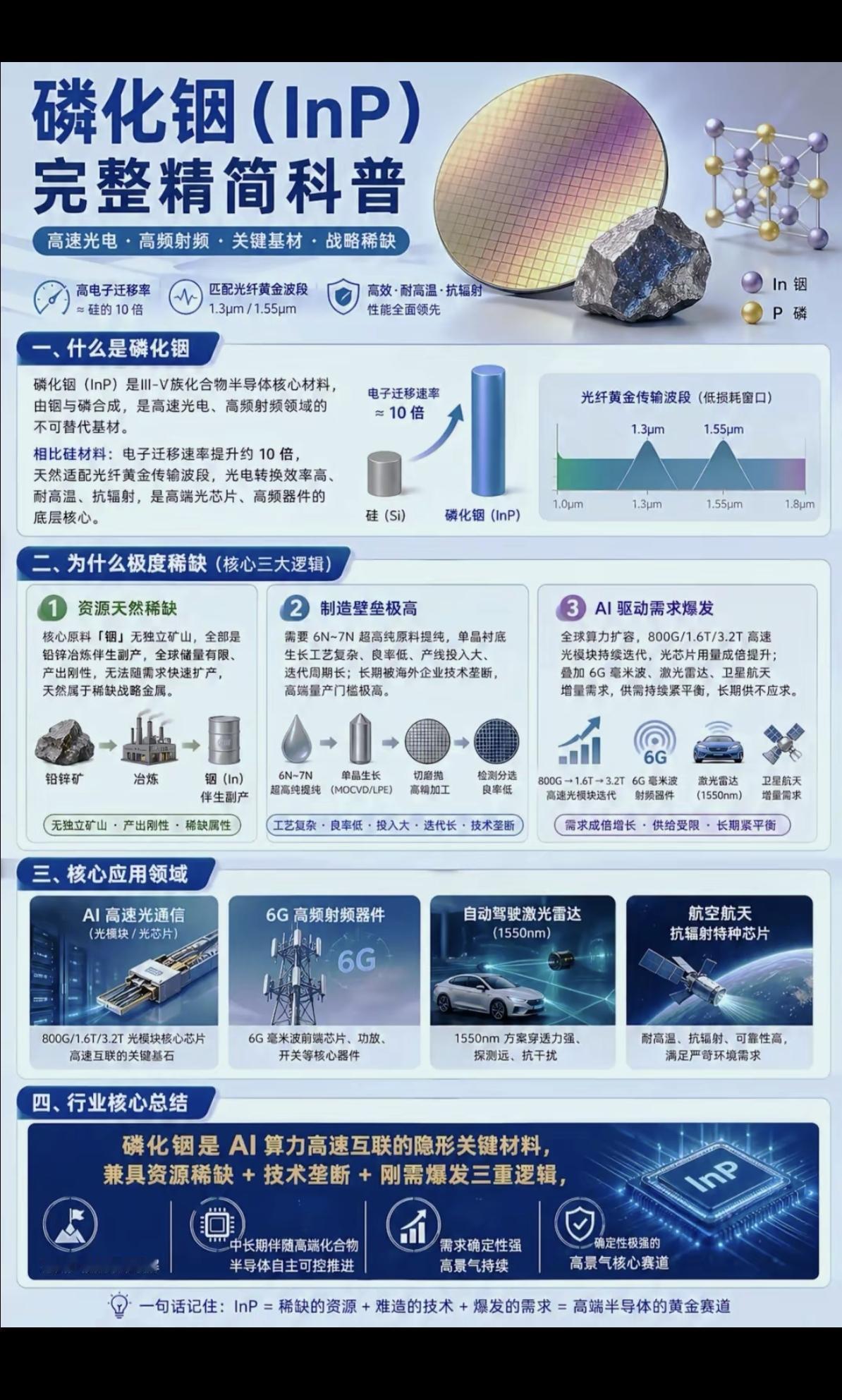 磷化铟（inP）——完整精简科普！
半导体芯片的卡脖子核心材料！

1.什么是磷