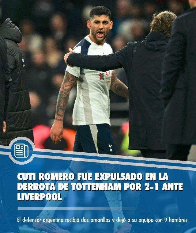 热刺1比2利物浦 库蒂·罗梅罗被红牌罚下。🇦🇷 这位阿根廷后卫在托特纳姆热刺