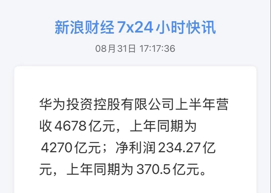 华为上半年营收4678亿元，净利润234亿元
华为投资控股有限公司上半年营收46