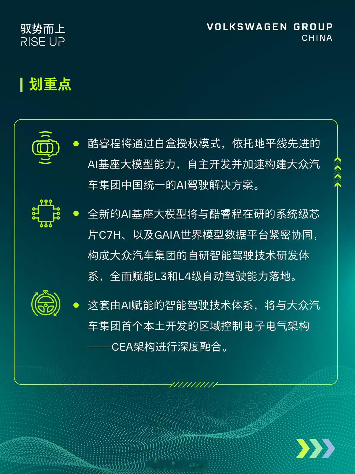 大众与地平线官宣L3L4合作看下来合作还是挺深的，双方会自研芯片，以及会用上地平