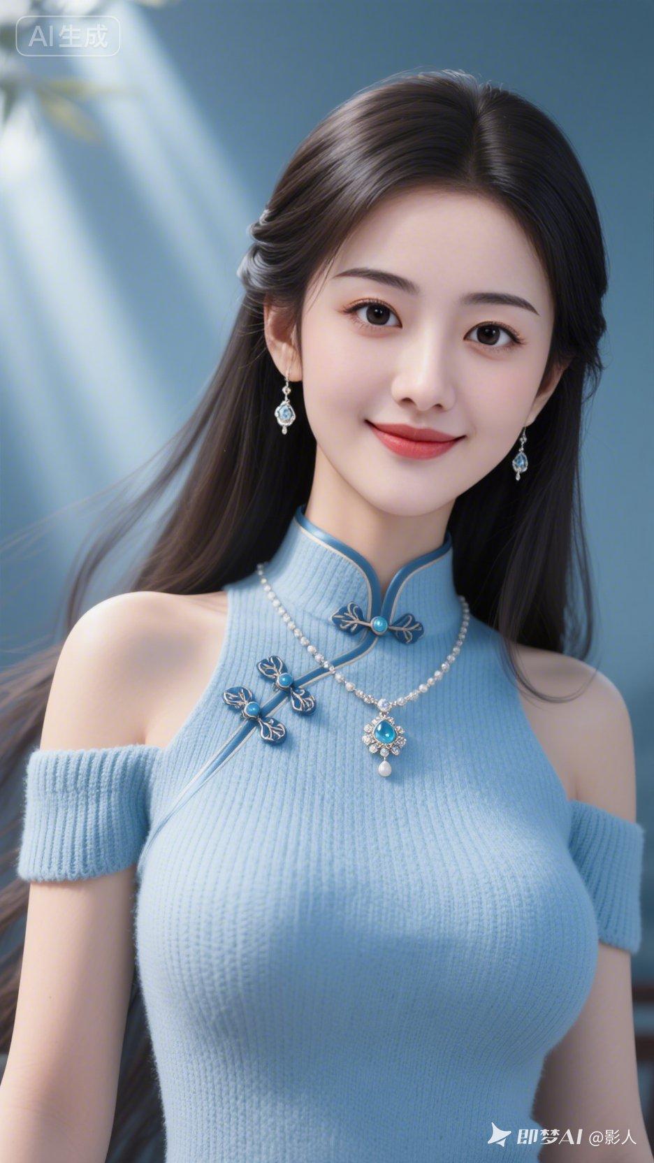 美女身姿丰盈发丝飘逸，眼亮妆精。浅蓝无袖露肩旗袍针织款，国风配色，丁达尔柔光萦绕