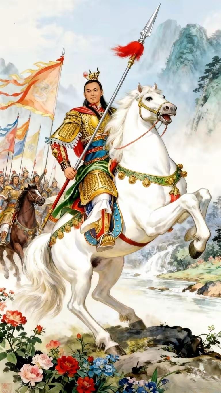 好一位英俊的小将，且看他，头戴紫金冠，身披锁子黄金甲，外罩红锦披风，于...