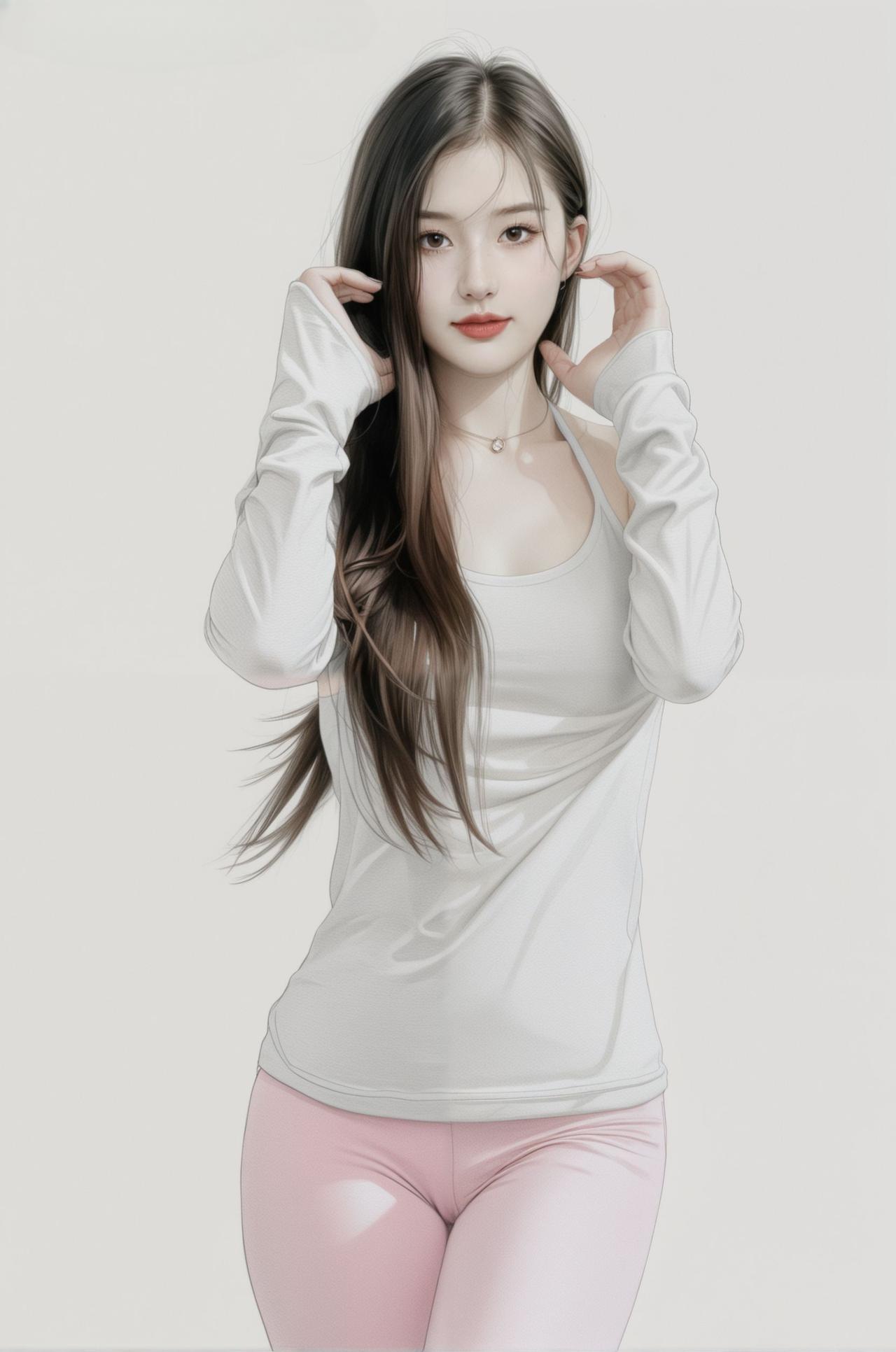 粉衣美人倚，轻抚发丝间。