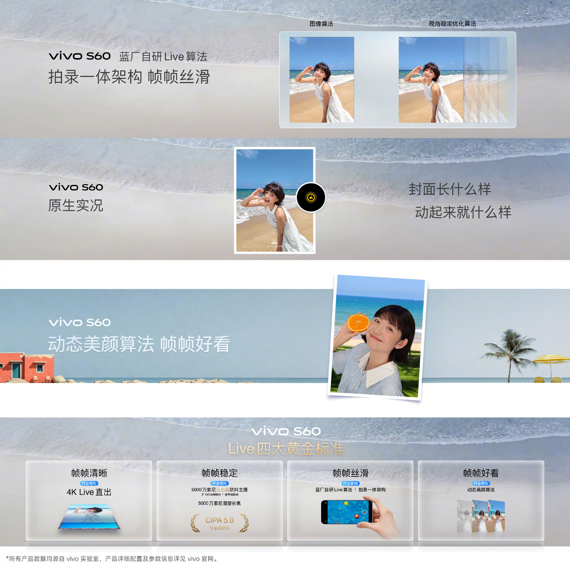 影像这块，S60 支持原生感4K实况直出 今年各家都在实况上加码，花活层出不穷。