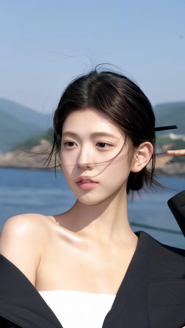 海边少女，黑发飘逸，阳光明媚，海风轻拂。