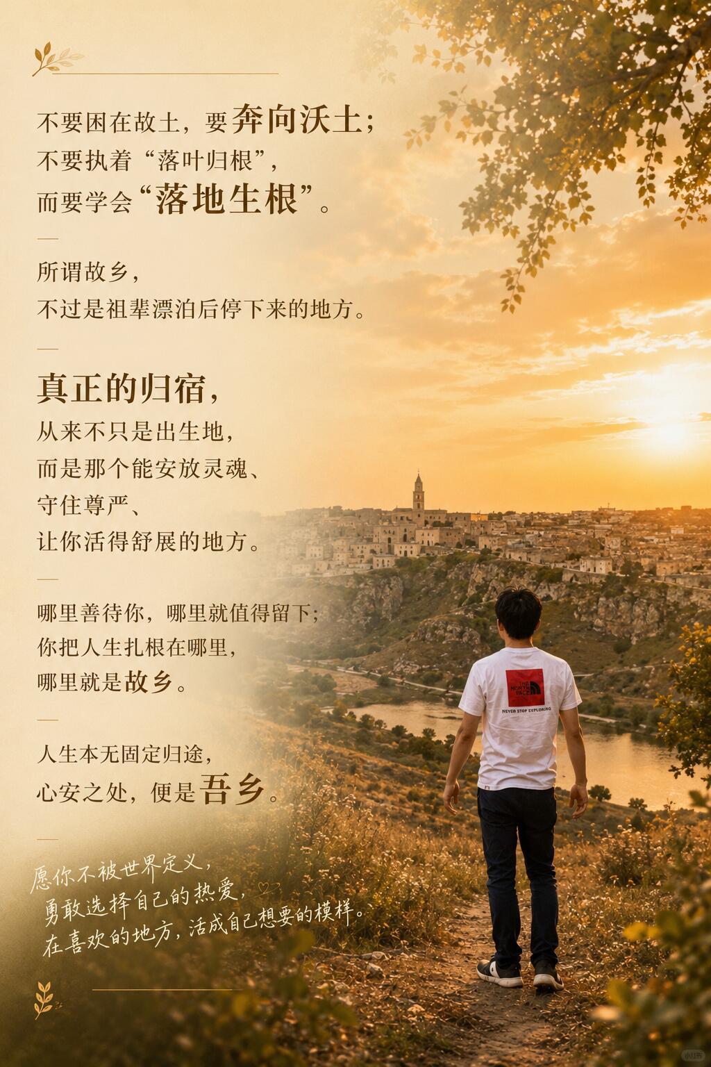 1. 故土之根（肉身归宿）
 
生养自己的故乡水土、老屋街巷、一草一木。祖辈埋骨