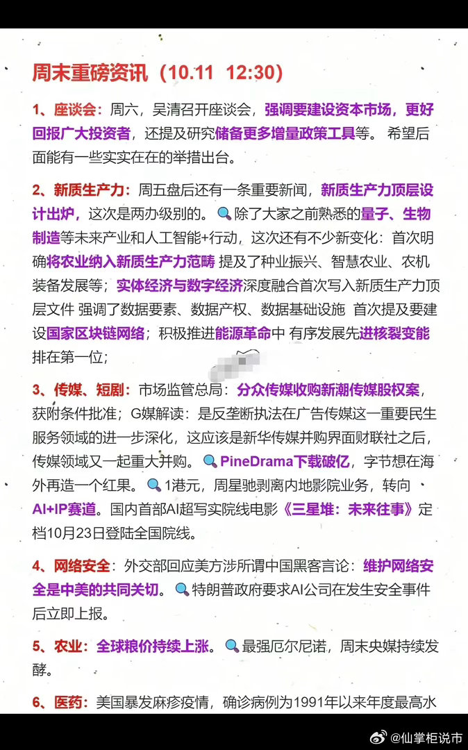 10.12周一  盘前：财经热点必读！1.座谈会2.新质生产力3.传媒，短剧4.