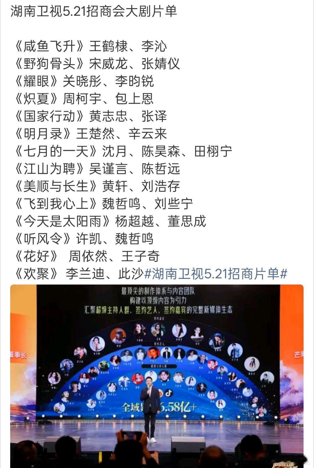 芒果招商会大剧片单，含现偶好多，你期待哪部？《野狗骨头》宋威龙、张婧仪《耀眼》关
