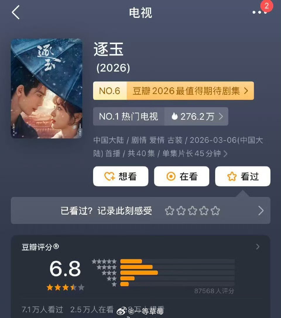 张凌赫/田曦薇《逐玉》豆瓣开分6.8 