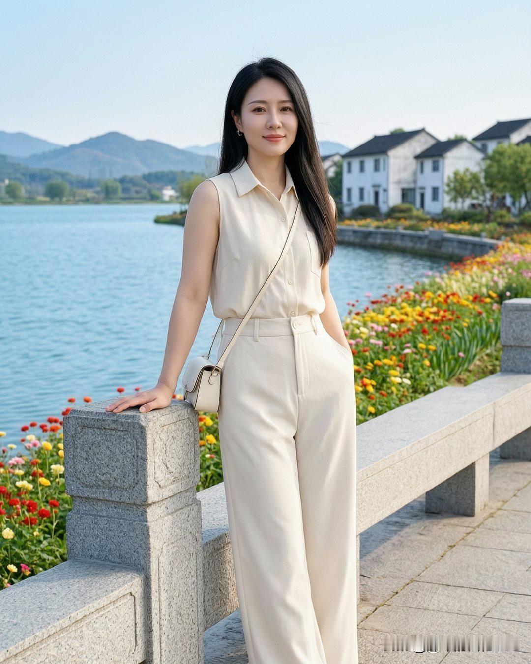 在湖畔的温柔时光，白色套装与自然美景相得益彰。