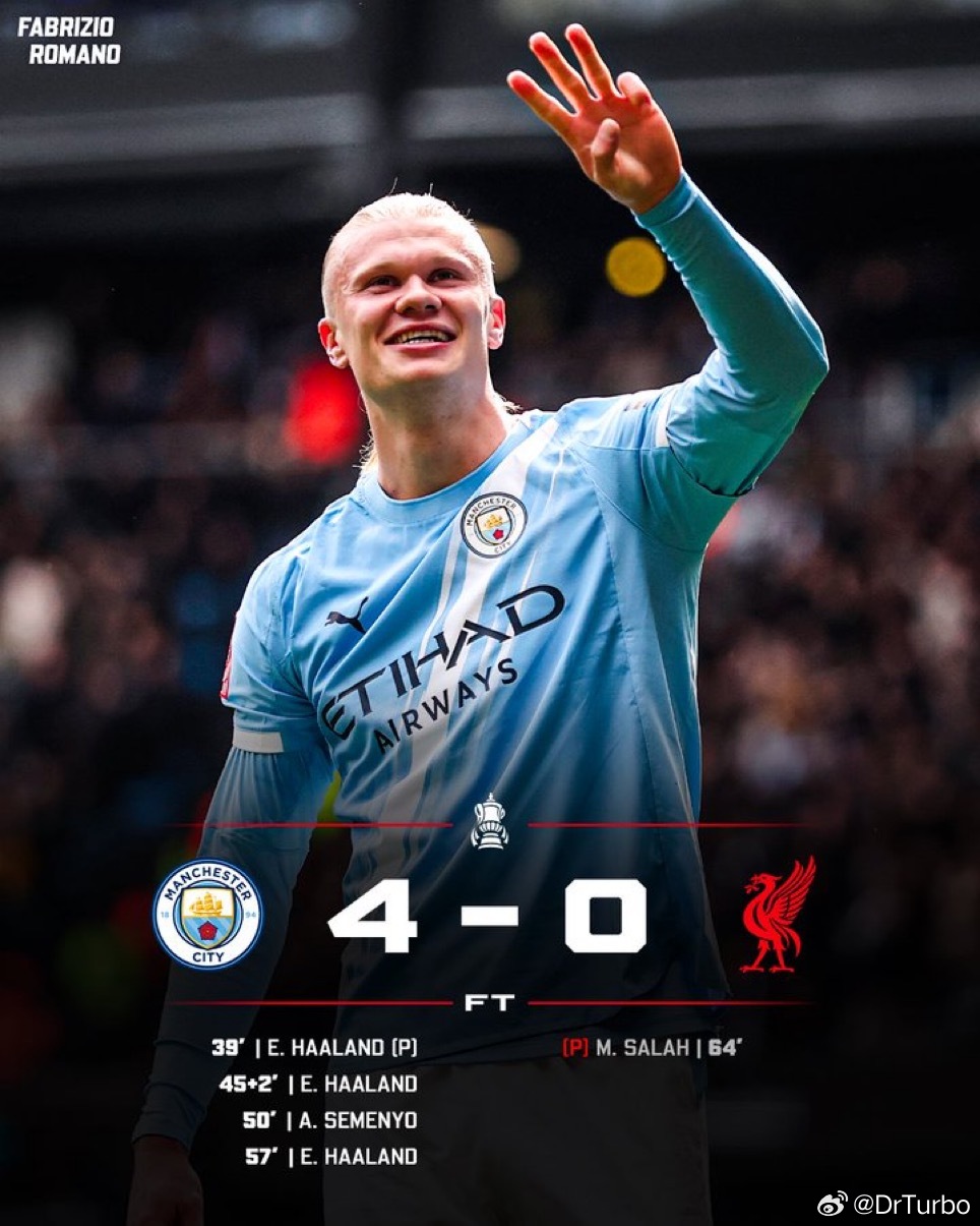 最终曼城4球大胜利物浦曼城4比0利物浦哈兰德帽子戏法热点现场 利物浦则遭遇了本赛