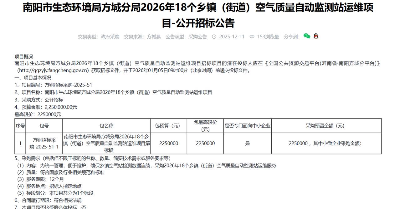 南阳市生态环境局方城分局2026年18个乡镇（街道）空气质量自动监测站运维项目-