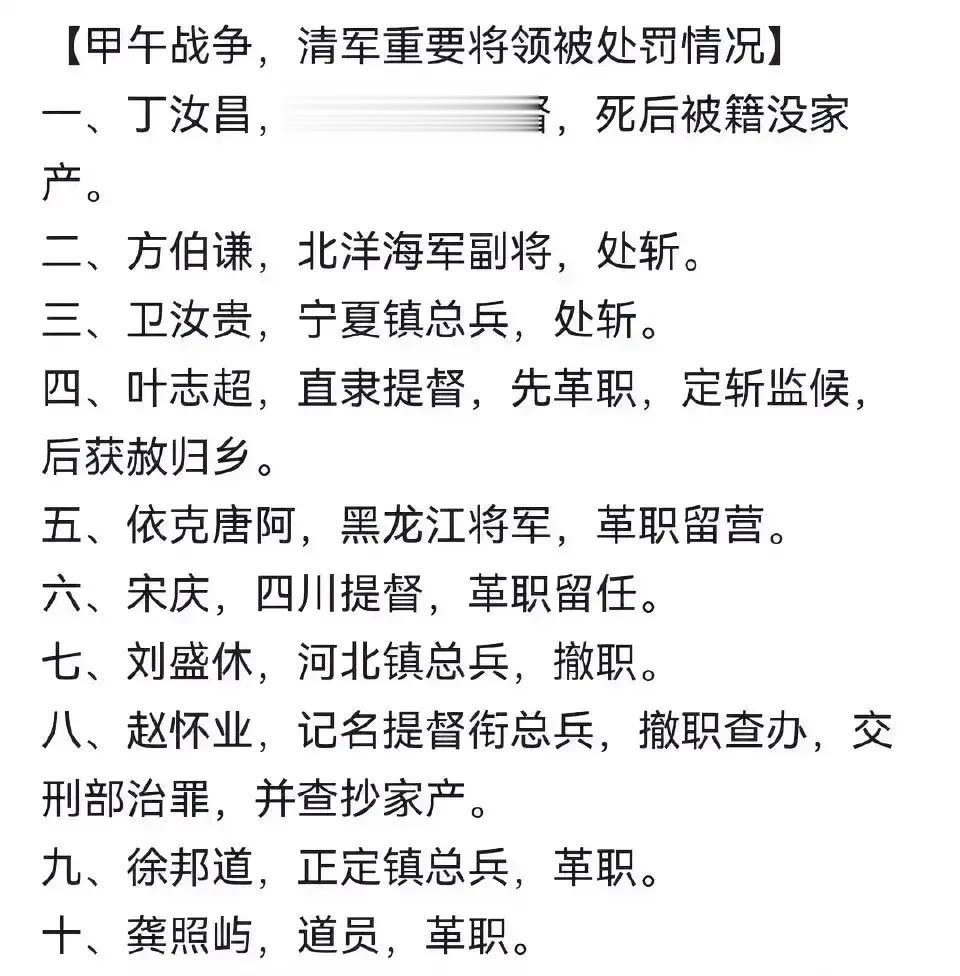 战败甲午之战后 主要将领处罚情况。

方伯谦被斩立绝，卫汝贵被斩立绝。

丁汝昌