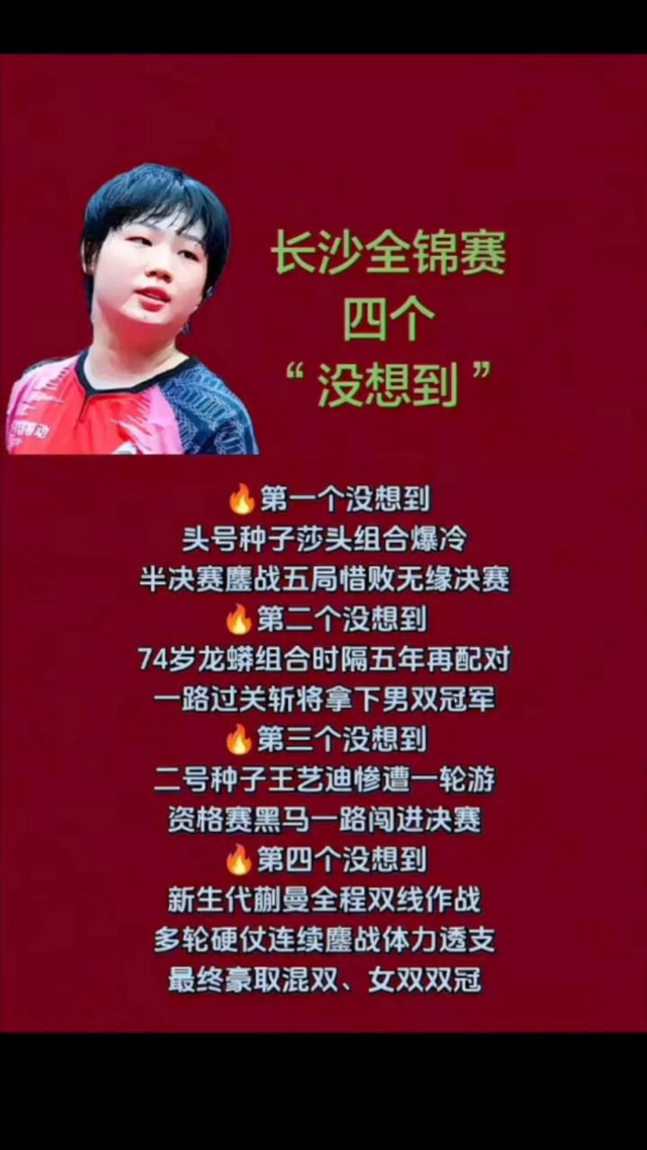 长沙全锦赛四个"没想到"。
·第一个没想到，头号种子莎头组合爆冷，半决赛鏖战五局