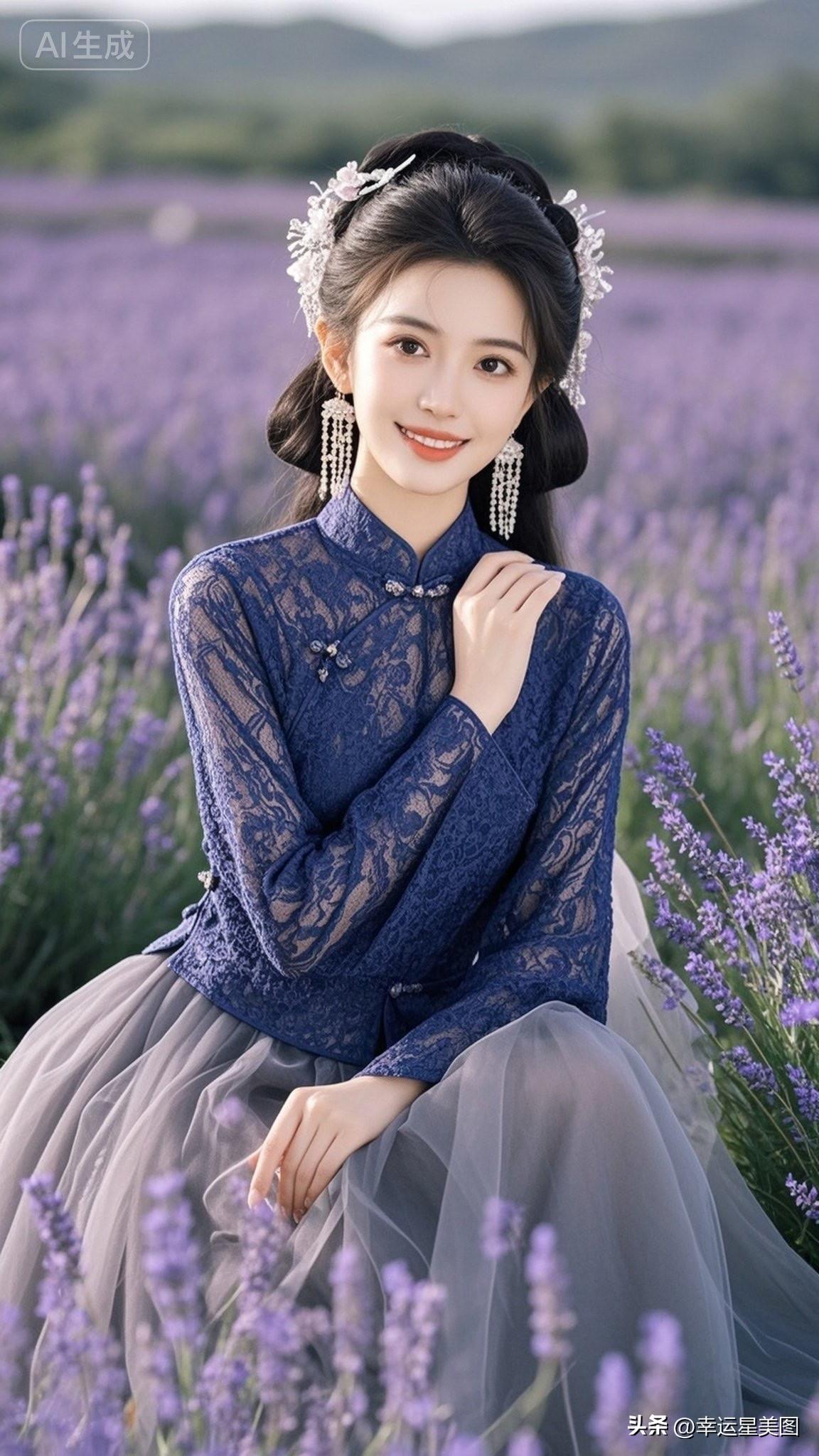 一位美女站在花田中微笑。