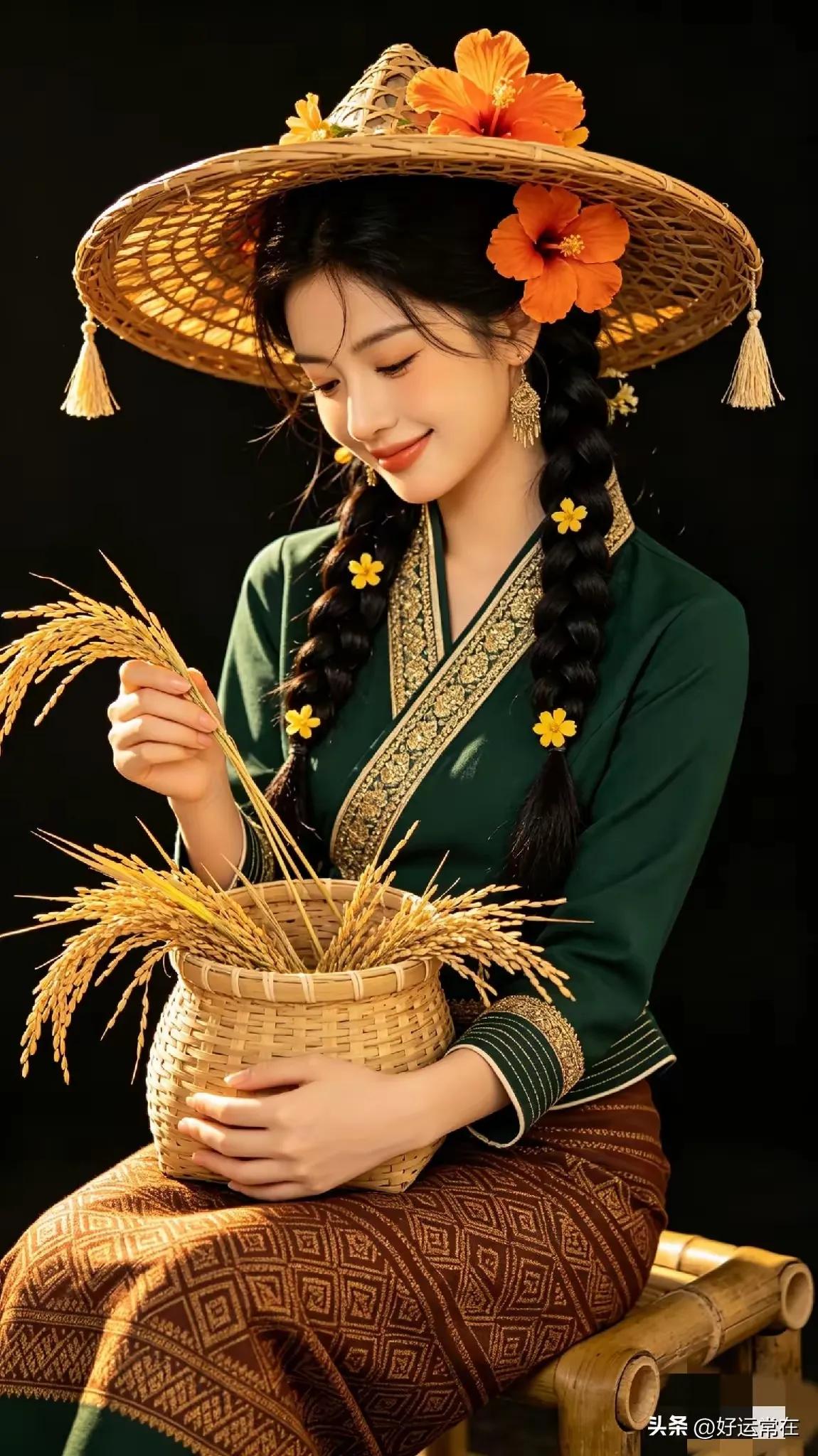 上联:头戴竹笠藏秋意
下联:怀抱竹篓盛丰收