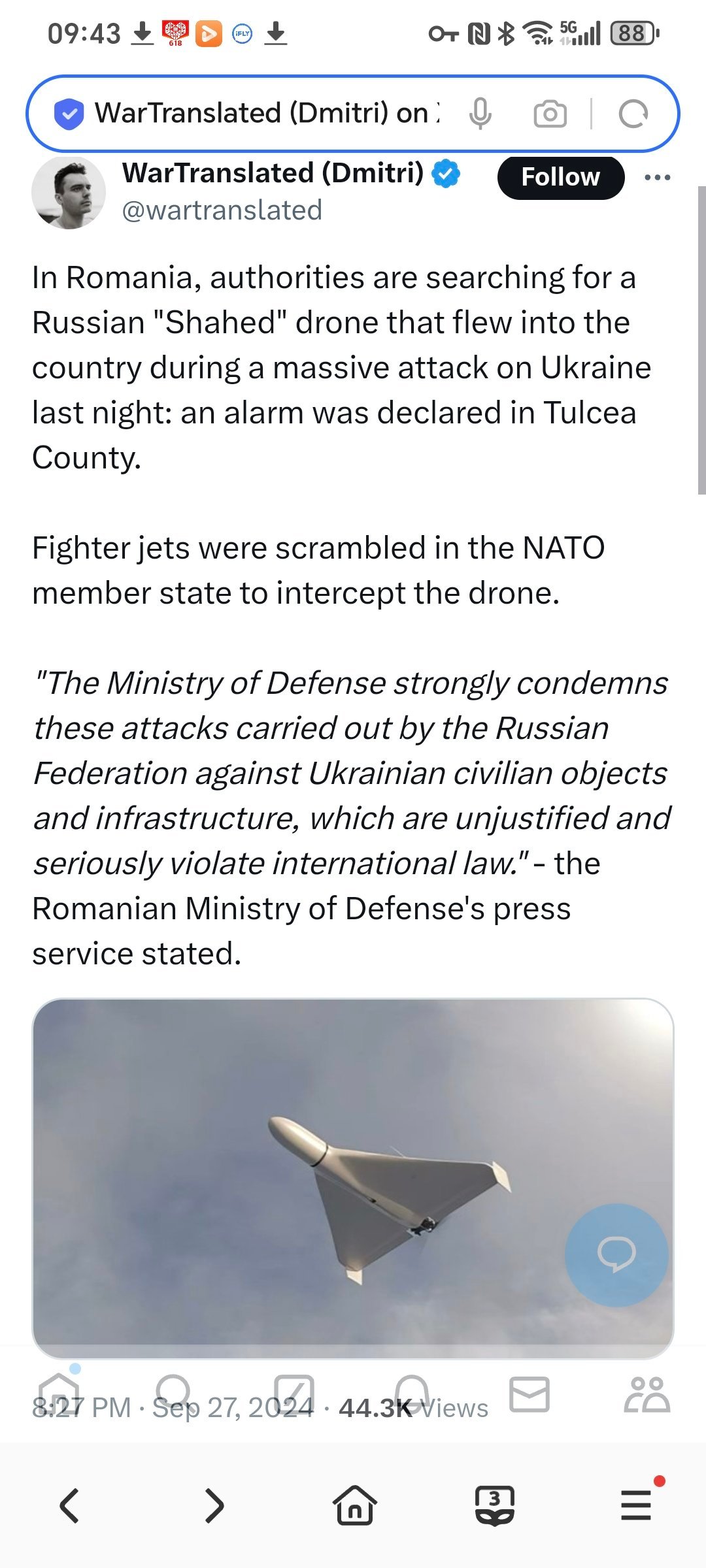 昨天，在罗马尼亚，当局正在搜寻一架俄罗斯 