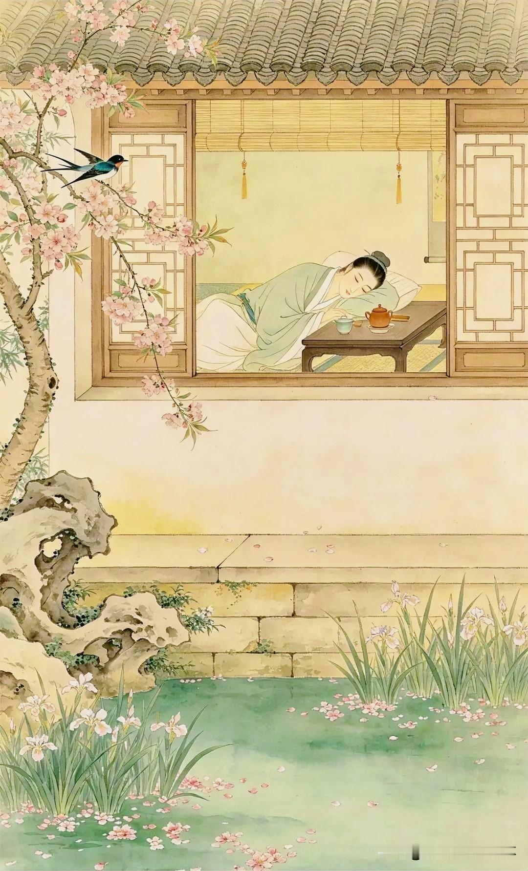 下联：庭院落花燕语长
上联：有请雅士[玫瑰][玫瑰][玫瑰]