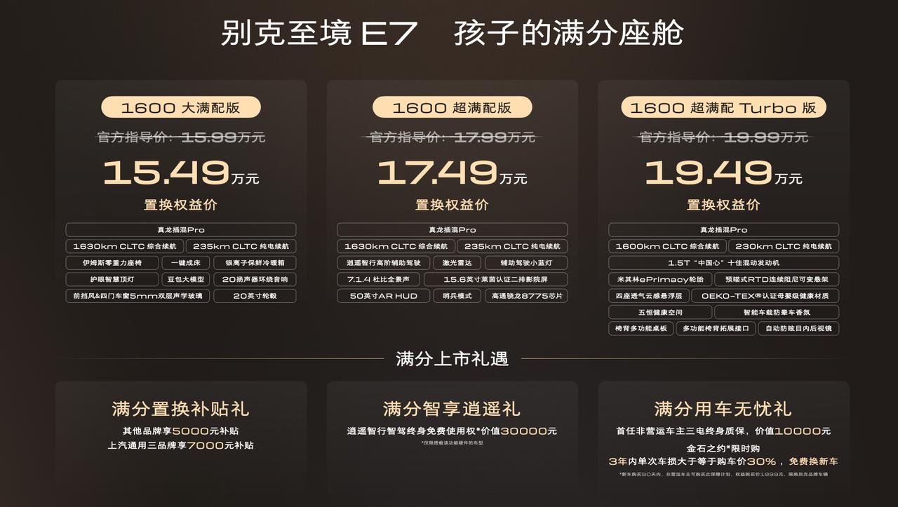 置换权益价15.49万起！别克至境E7售价公布，入门即享42项高标配。

别克至