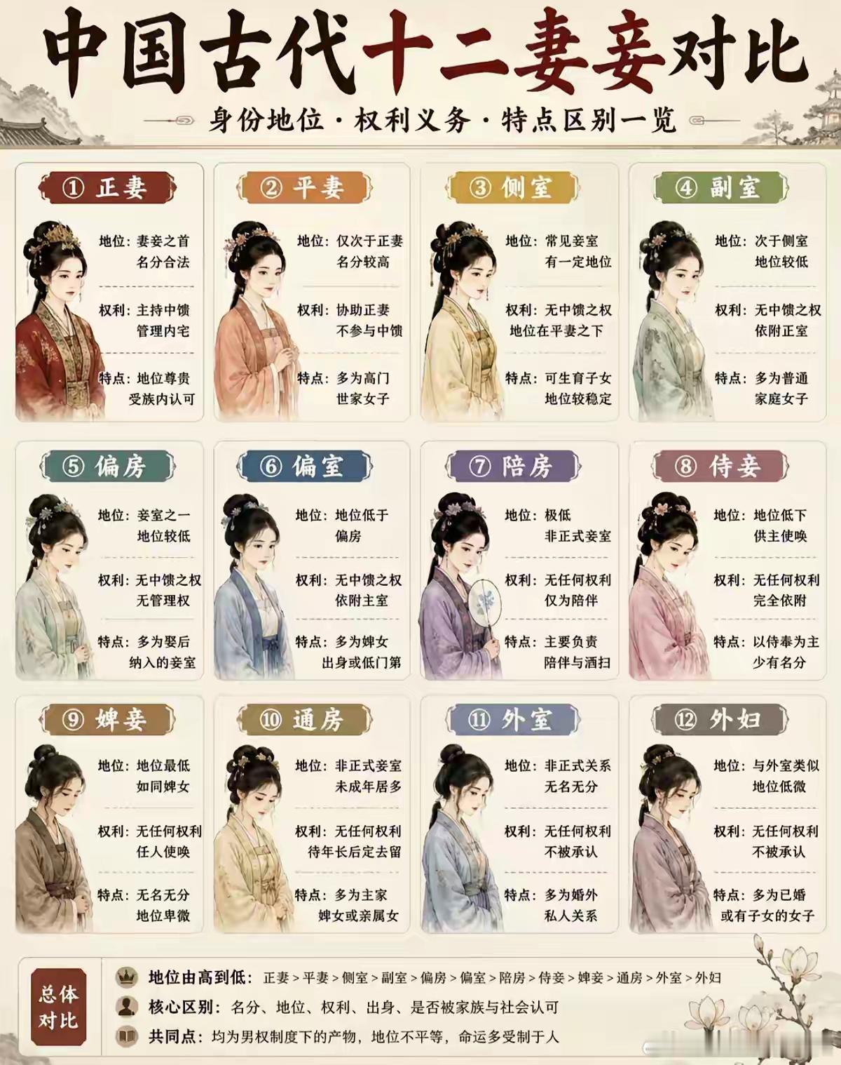 古代12妻妾对比，地位差距到底有多大？一张图看懂古代十二妻妾等级。从堂堂正正的正