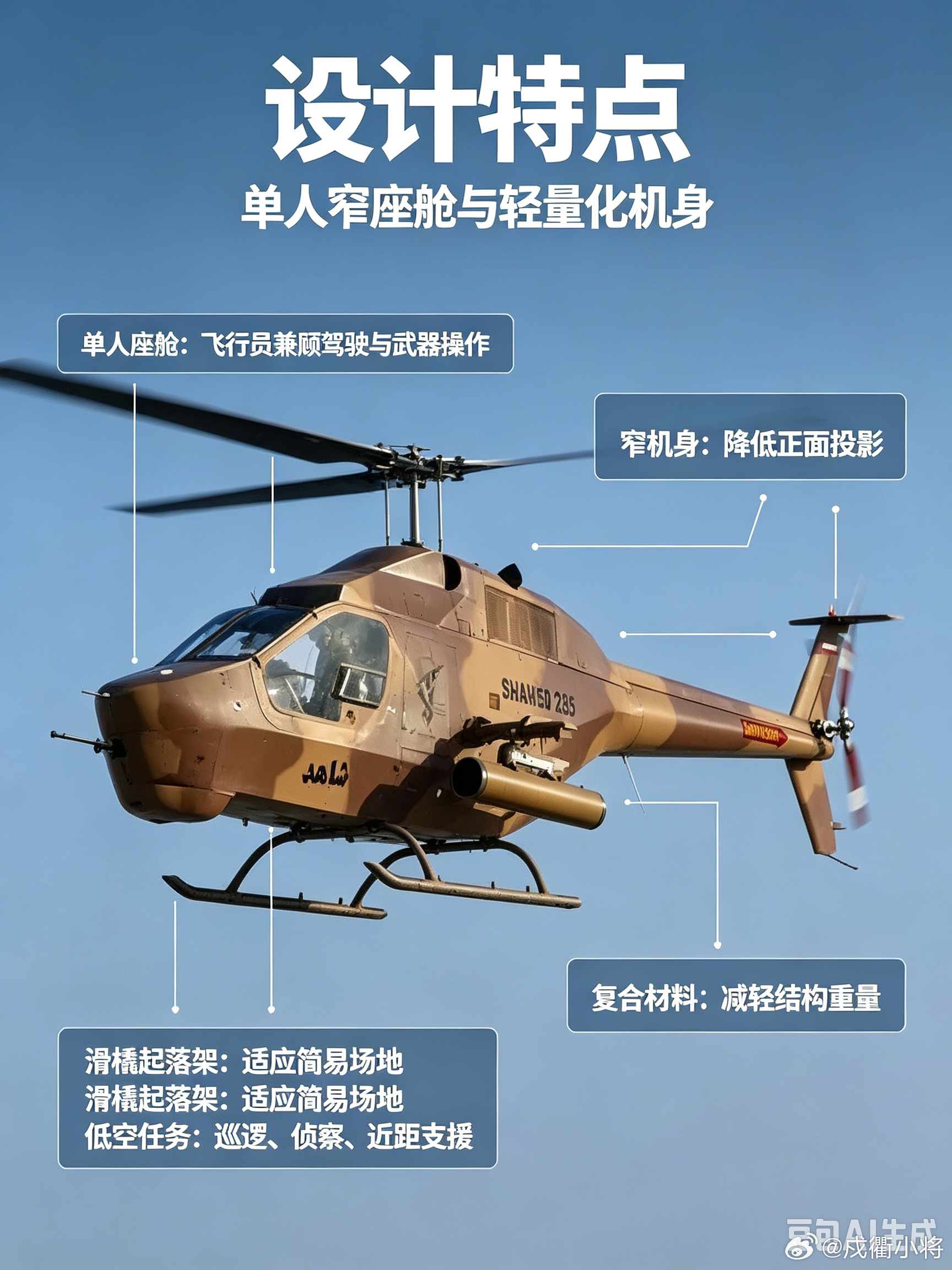 见证者285轻型武装直升机，伊朗依托贝尔206直升机技术自研，采用单人座舱设计，