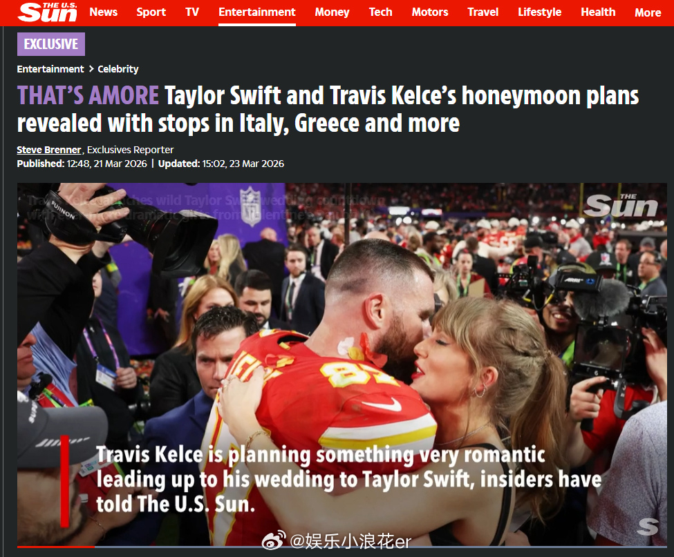 曝霉霉蜜月安排据《太阳报》报道，泰勒·斯威夫特和未婚夫特拉维斯·凯尔斯计划今年晚