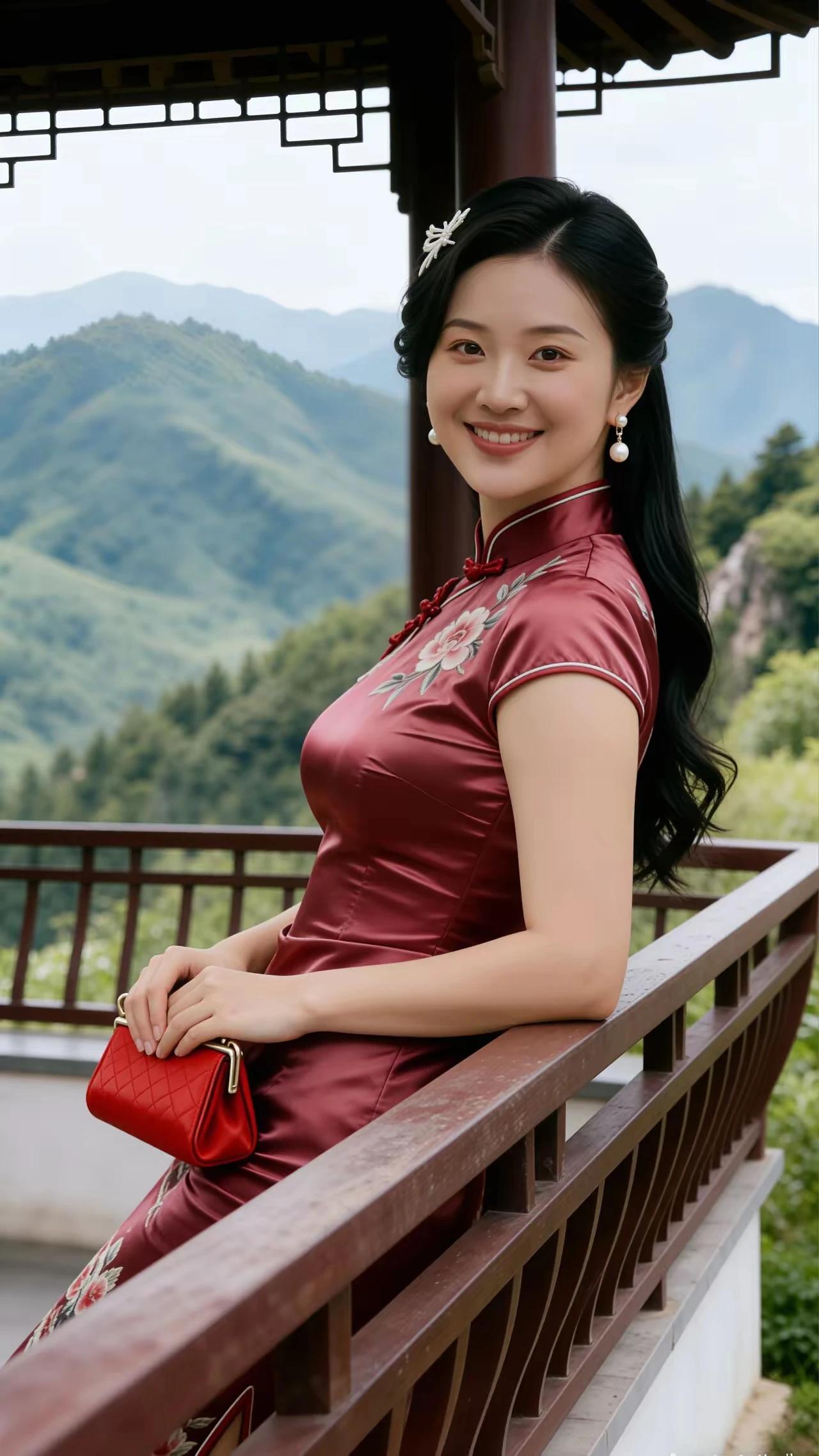 回眸一笑百媚生，
恰似春风拂柳轻。
旗袍雅致韵味浓，
紫色牡丹沾风情。