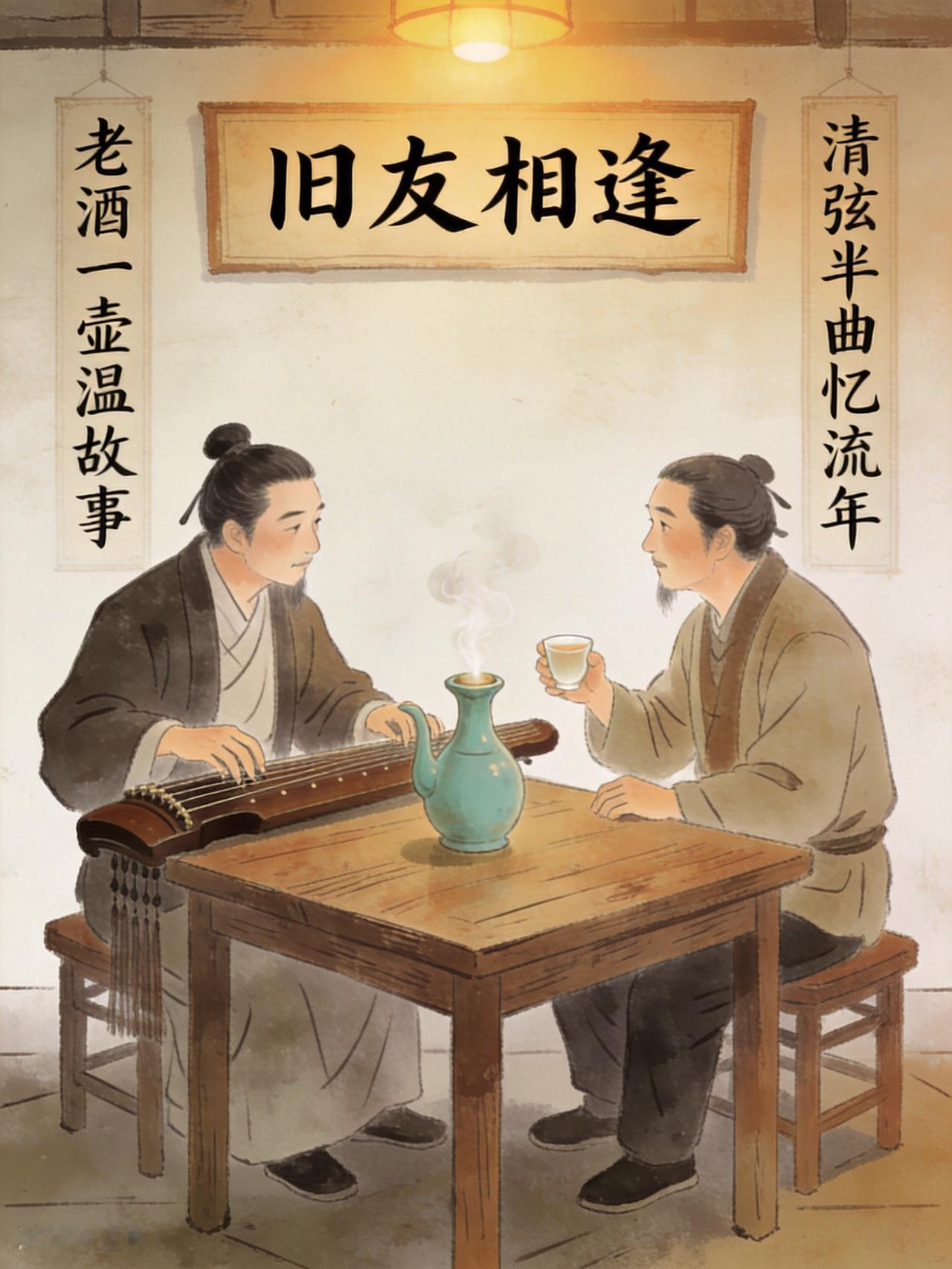 上联：老酒一壶温故事
下联：清弦半曲忆流年
横批：旧友相逢
创作思路：上联以温酒