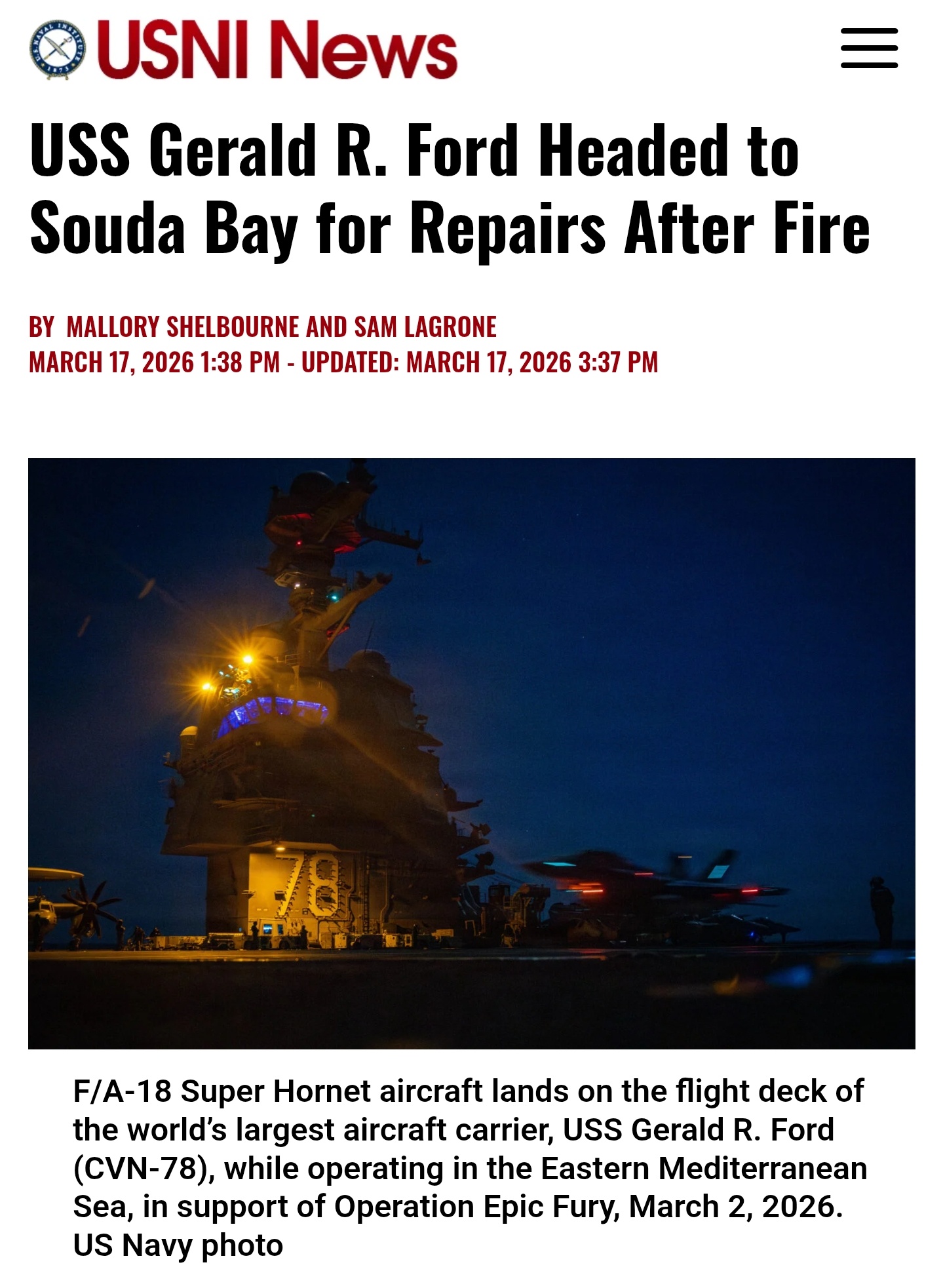 据USNI News报道，执行对伊朗作战任务的MD一等人“福特”号(CVN-78