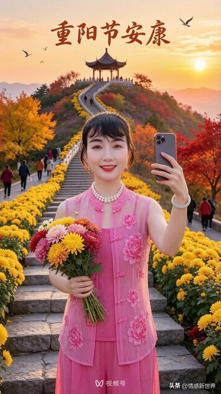 她在秋天赏花，拍了一张美照。秋日美景拍照 花裙公园照