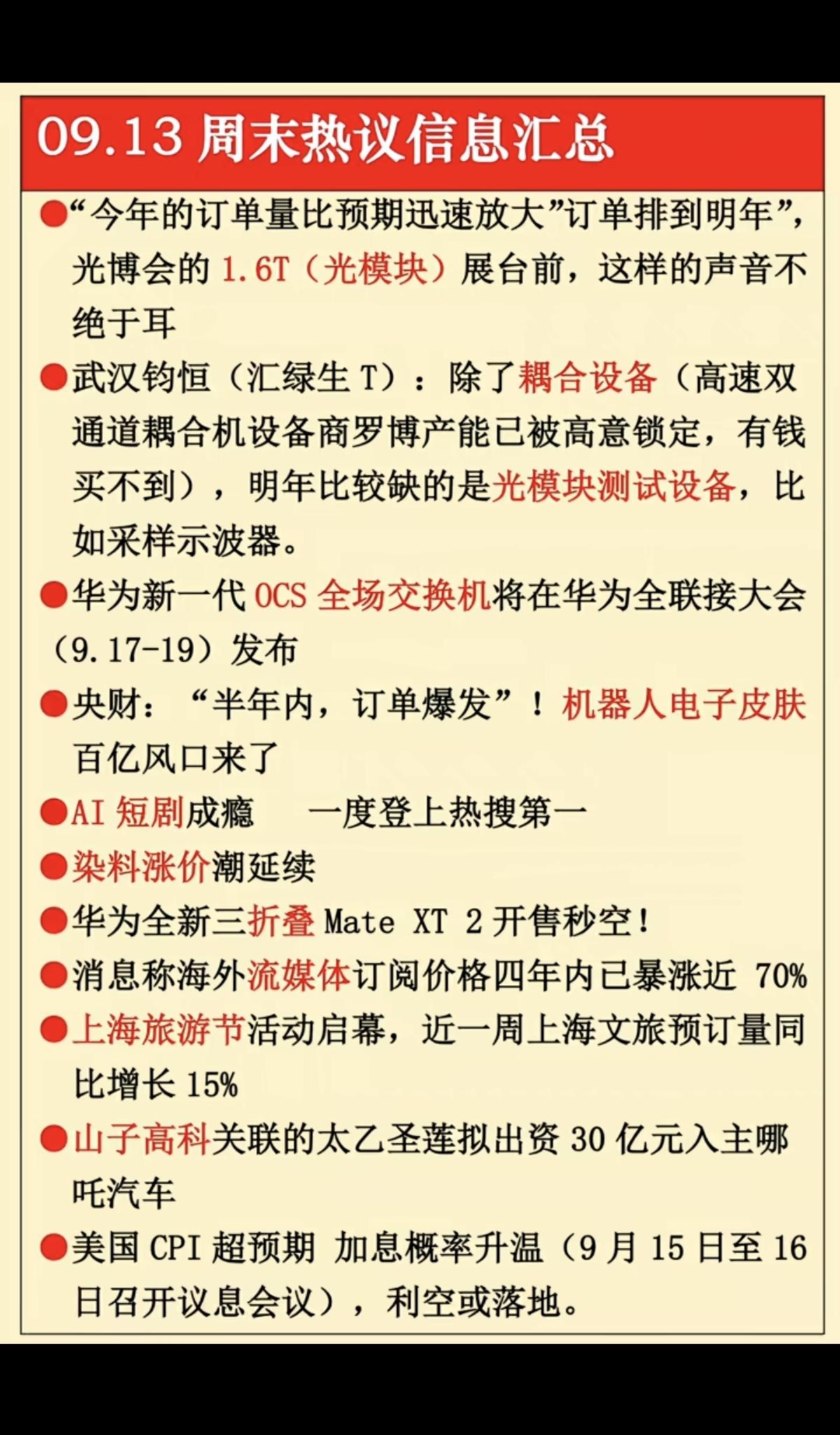 9.14周一  盘前：财经热点信息整理！

1.光模块
2.耦合设备
3.机器人