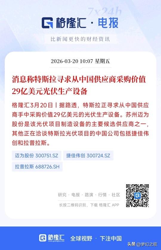 光伏又出大利好消息了，而且又跟马斯克有关
据悉，这次29亿美元中国光伏生产设备，