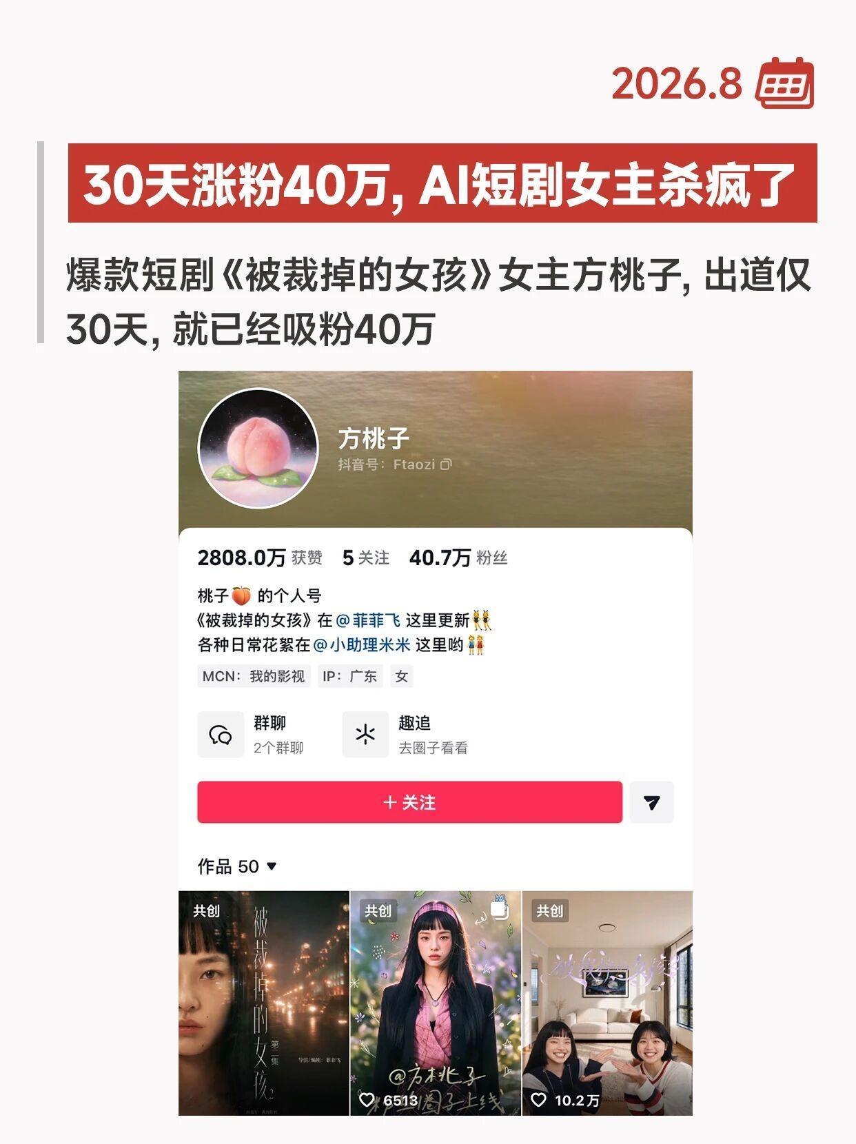 30天涨粉40万，AI女主抢真人饭碗？一条60秒广告报价25.8万，30天涨粉4