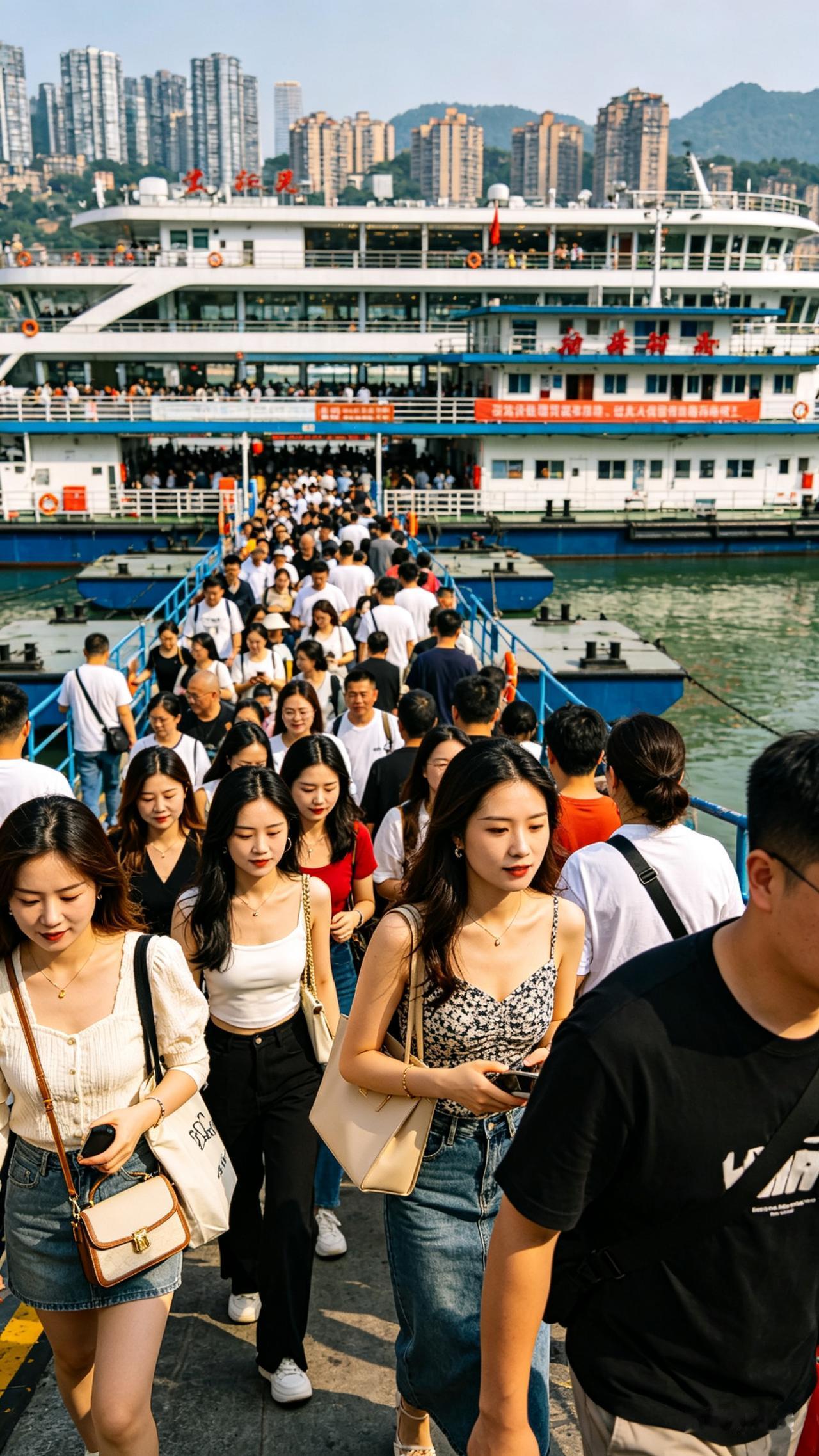 七律·朝天门码头观潮
两江交汇涛声起，众客摩肩赴客轮。
帆影临风浮绿水，裙裾映日