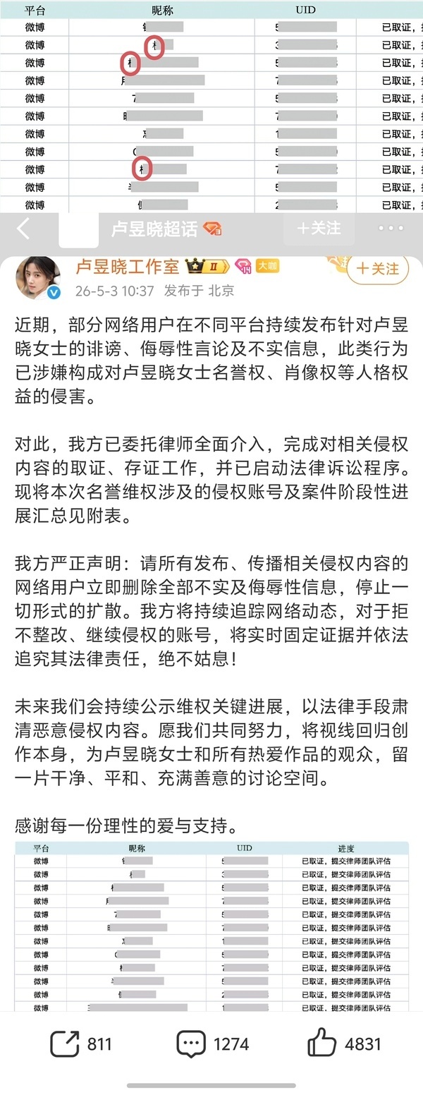 卢昱晓方将持续公示维权进展卢昱晓取证了檀健次粉丝。。。 