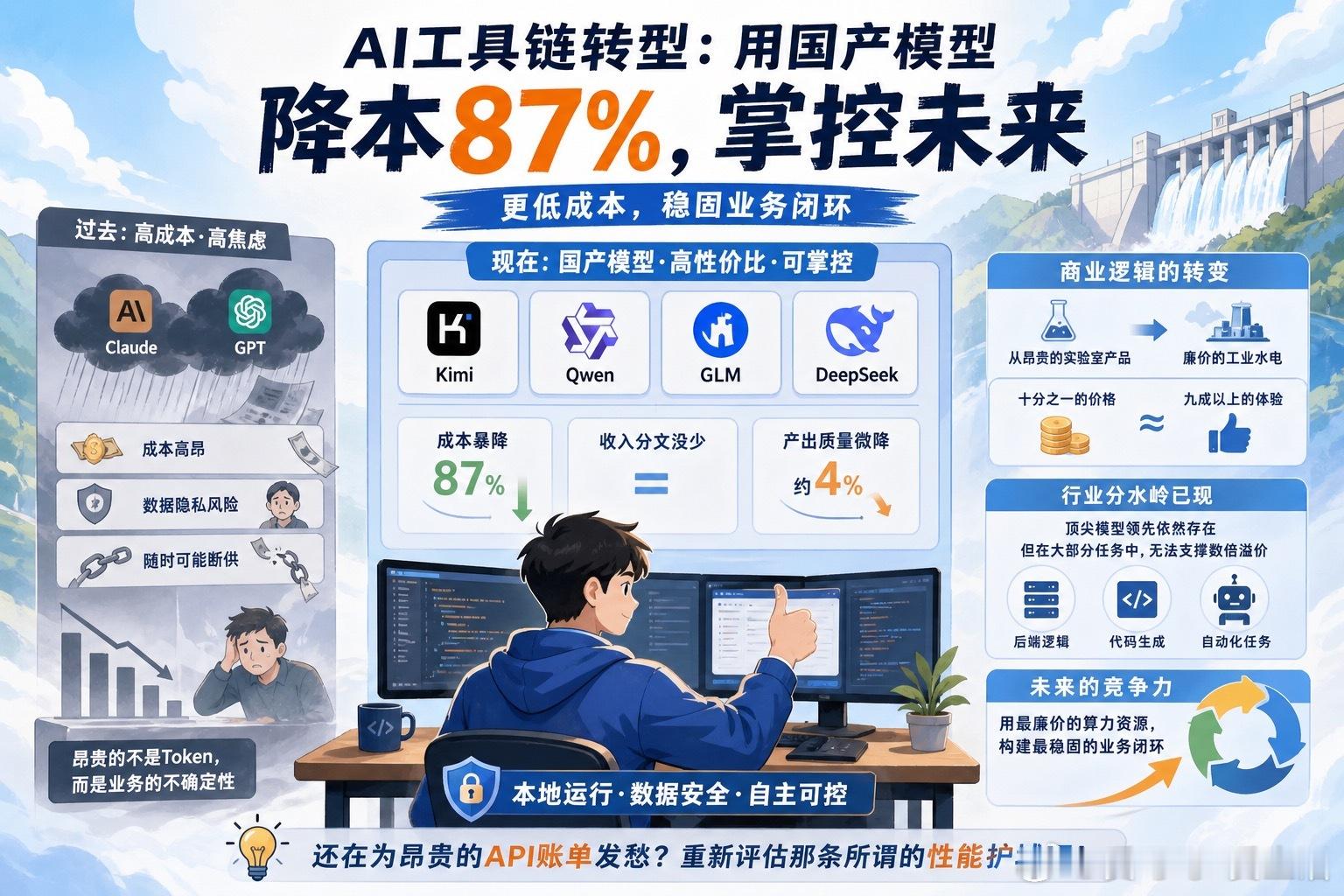 【AI全线国产化：一场关于性价比与掌控权的迁徙】最近一位海外开发者分享了他的AI
