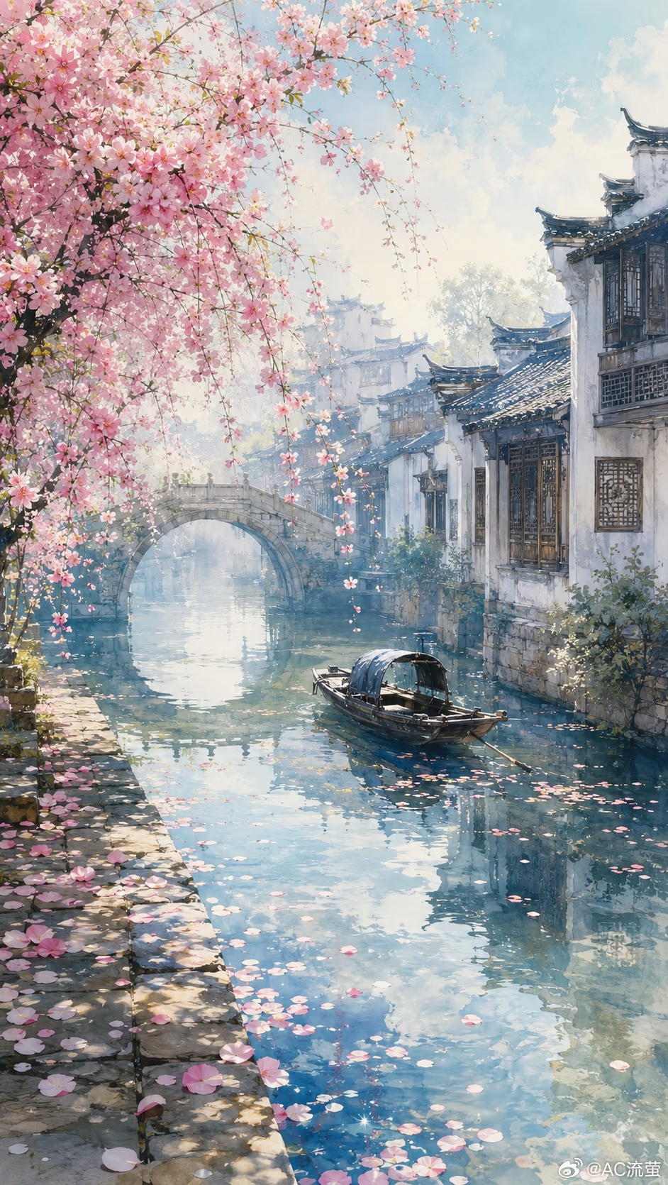 🌸桨声摇碎满河星子，粉樱落肩头。石桥驮着光阴，船娘把春天划成绝句。古镇春行