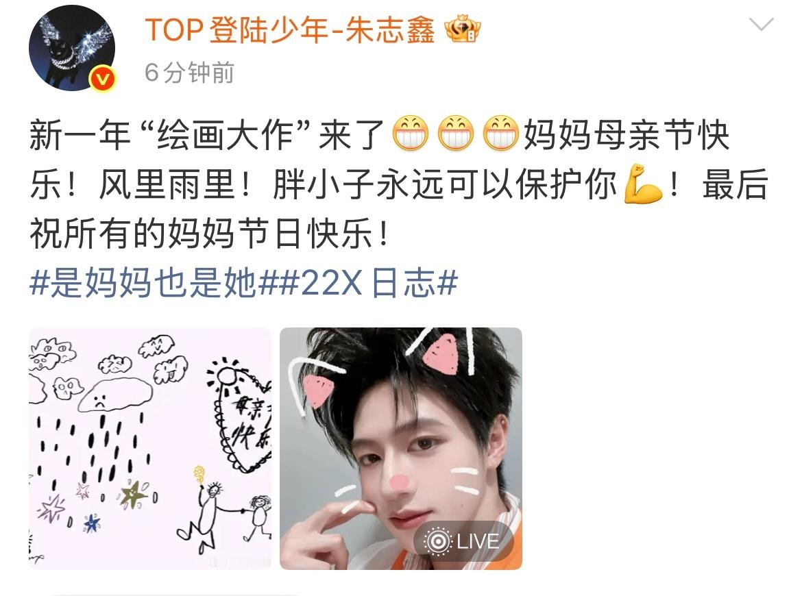 朱志鑫母亲节画画祝福 朱志鑫母亲节绘画🎨大作来了！“风里雨里，胖小子永远可以保