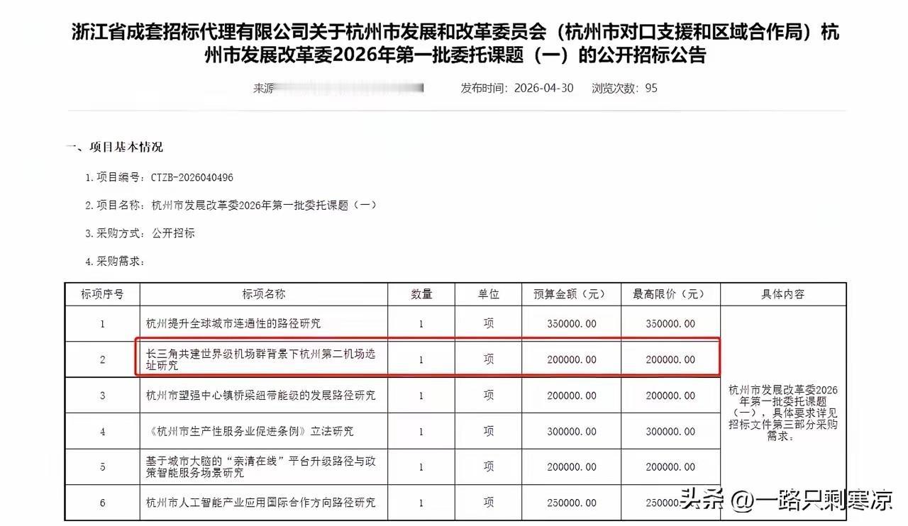 “杭州第二机场”又有新消息
4月30日杭州市发改委2026年第一批委托课题（一）