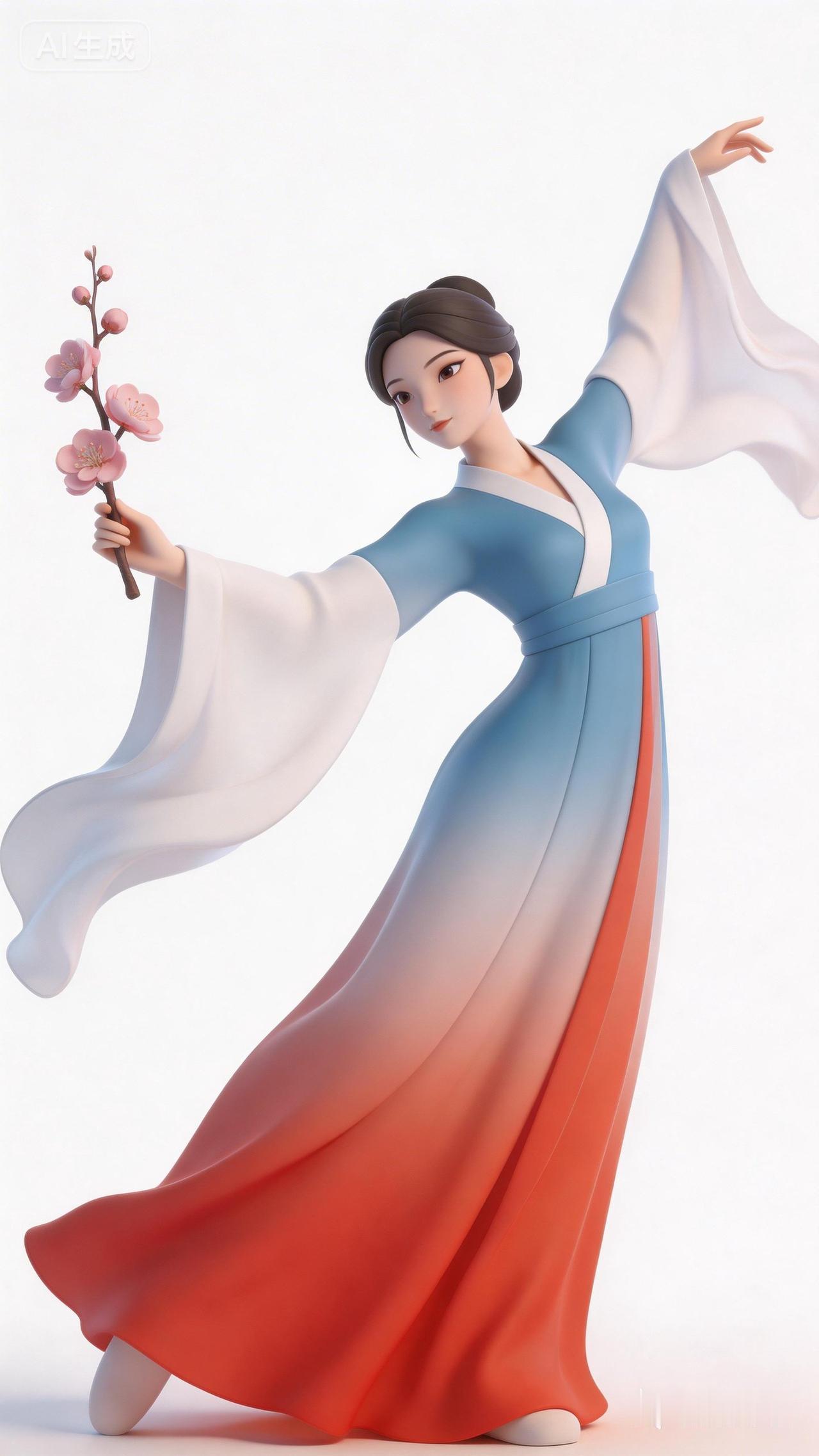 古风少女手持桃花，翩翩起舞，如梦如幻。