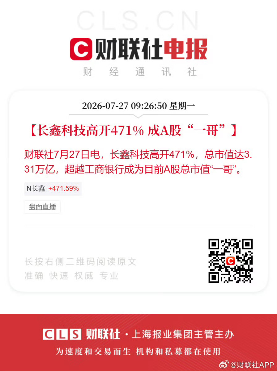 长鑫科技竞价高开471%长鑫科技成A股总市值冠军长鑫科技高开471%，总市值达3