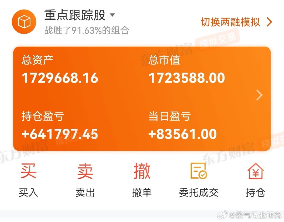 100w的模拟盘，存续7个月，长期持股。只调过一次仓，卖掉大涨的中国卫星加仓了雅