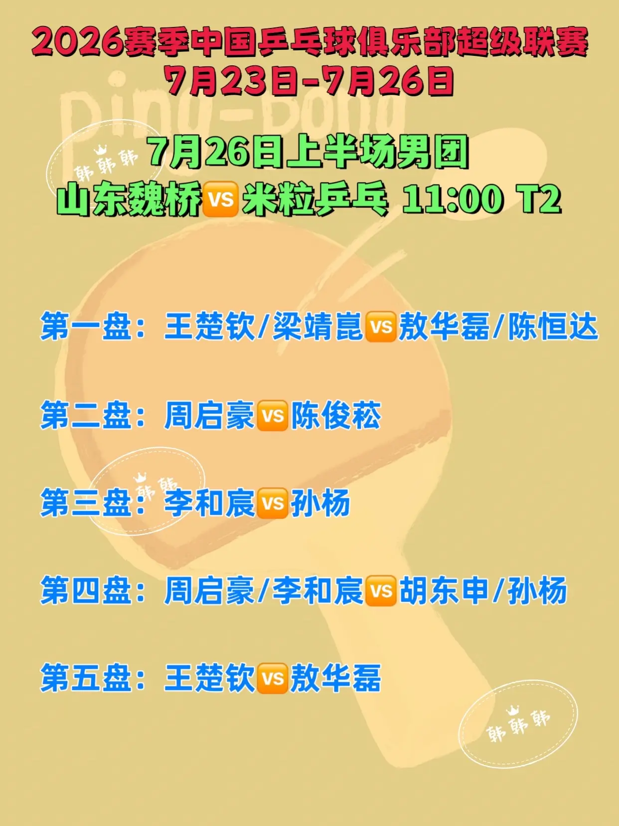 中国乒超联赛。7月26日上半场比赛对阵名单