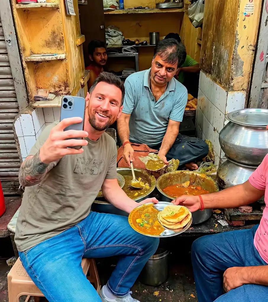 【梅西没在印度街头吃东西】从这张照片看，梅西在印度街头深入基层，吃了咖喱之类的特