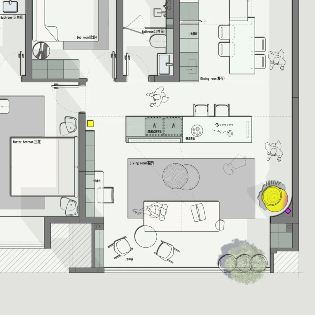 户型优化｜99平三居室的大平层客厅｜4版方案