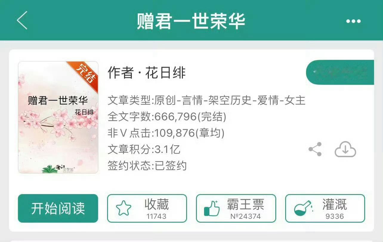 小说推荐：《赠君一世荣华》 作者:花日绯简评：貌美洒脱女主vs腹黑闷骚男主，女主
