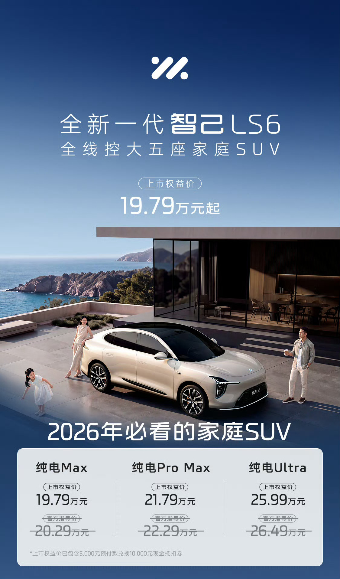 全新一代智己LS6今天正式上市，权益价19.79万—25.99万元，其实三款配置