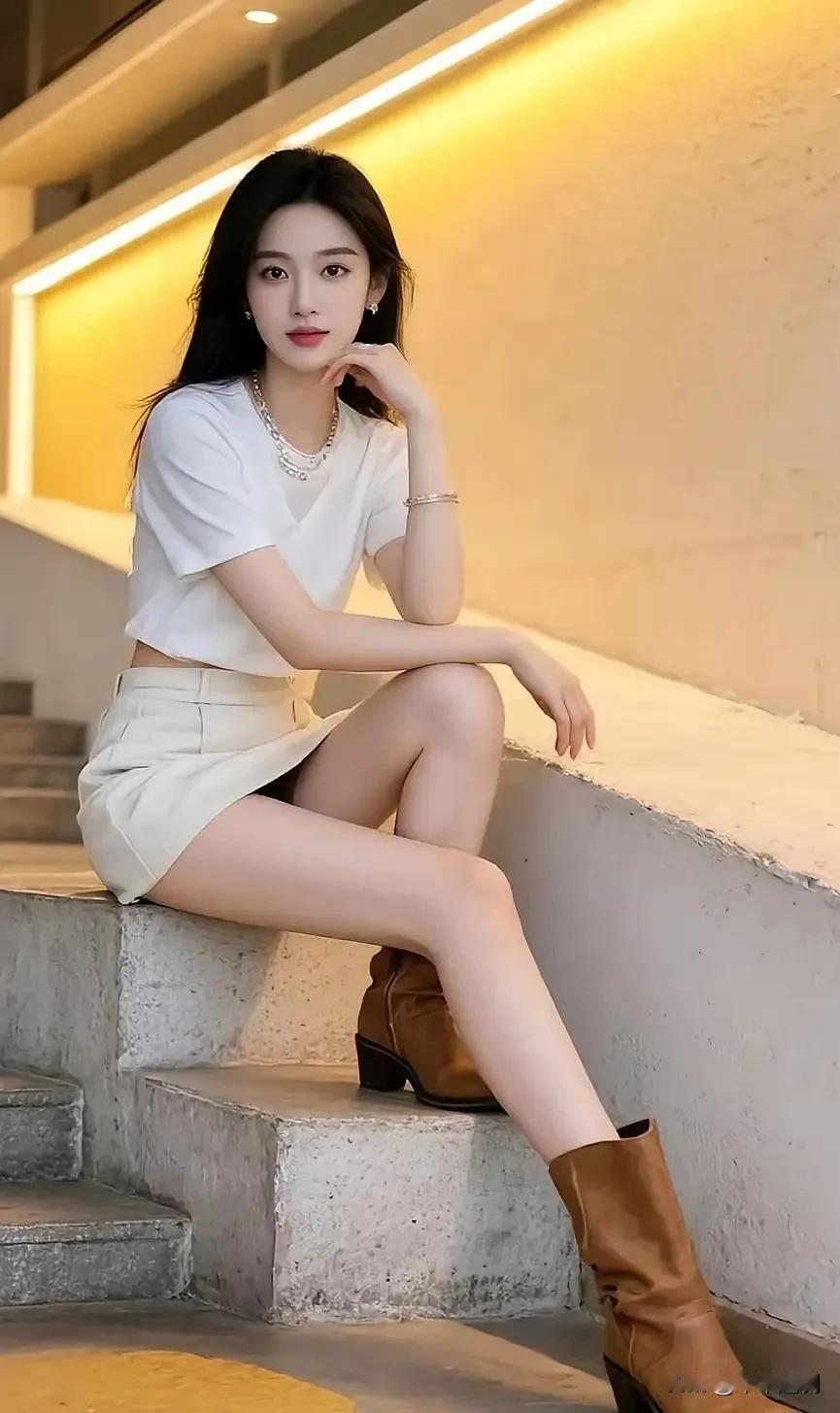 白衫搭米白短裙，焦糖短靴踩出随性腔调，楼梯间的光影里藏着轻熟的魅力。
白女风穿搭