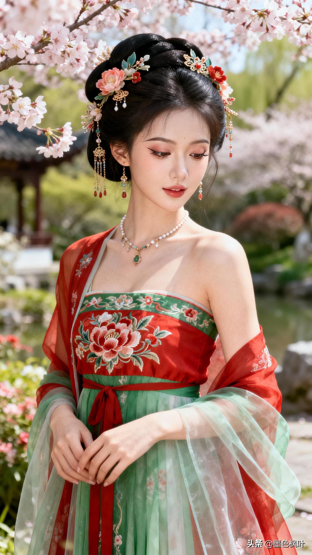 花朝汉服美人：红妆翠袖映樱开，古韵清雅入画来。

春风拂过，樱花纷飞，一位身着传